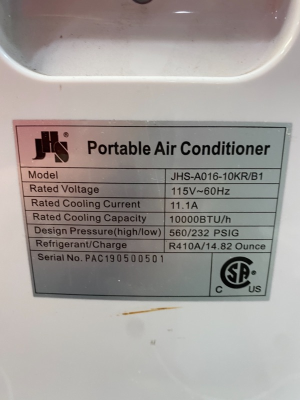 Photo 9 of PARTS ONLY - JHS 10,000 BTU Portable Air Conditioner - NOT FUNCTIONAL