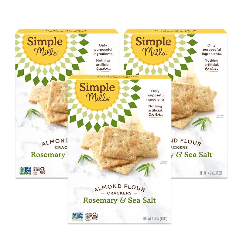 Photo 1 of *EXPIRED 09 01, 2021*
Simple Mills Almond Flour Crackers, Rosemary & Sea Salt, Gluten Free, Flax Seed, Sunflower Seeds, Corn Free, Low-Calorie Snacks, Nutrient Dense, 4.25oz, 3 Count
