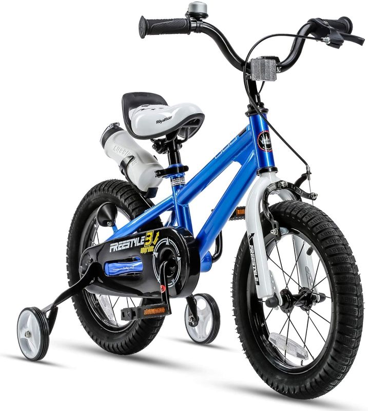 Photo 1 of *MISSING a training wheel* 
RoyalBaby Kids Bike Boys Girls Freestyle Bicycle 14 Inch with Training Wheels with Kickstand Child's Bike, Blue 
