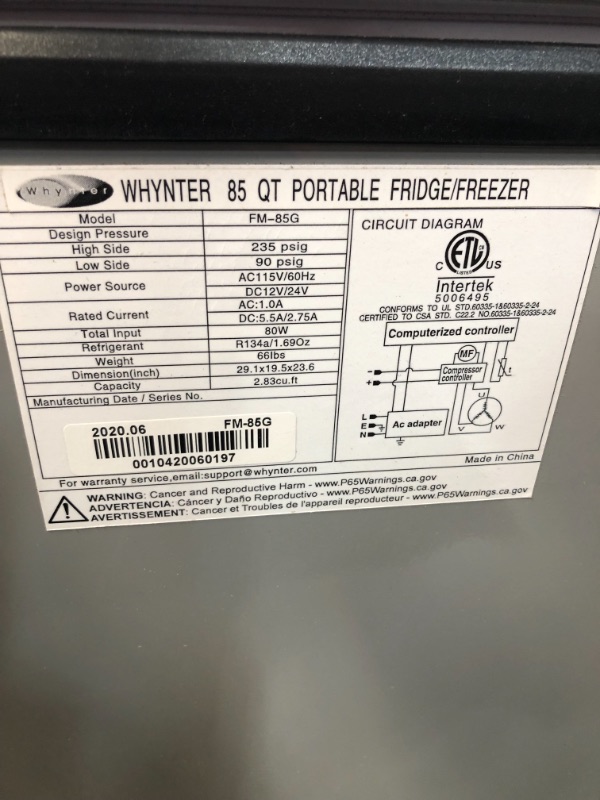 Photo 8 of *SEE last pictures for damage*
*MISSING a cord, UNABLE to test*
Whynter FM-85G 85 Quart Portable Fridge, AC 110V/ DC 12V True Freezer for Car, Home, Camping, RV-8°F to 50°F, One Size, Gray, 18.25 x 28.1 x 23.5 inches
