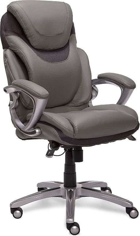 Photo 1 of *USED*
*MISSING hardware* 
Serta AIR Health and Wellness Executive Office Chair High Back Ergonomic for Lumbar Support Task Swivel, Bonded Leather, Light Gray, ?29.75 x 25.75 x 42.75 inches


