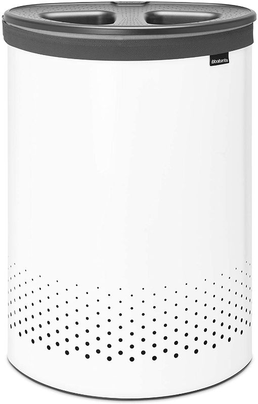 Photo 1 of *SEE last picture for damage*
Brabantia Premium Large Laundry Hamper 2 sections with Lid, 14.5 Gallon, White, 17.72 L x 11.42 W x 24.8 H inches


