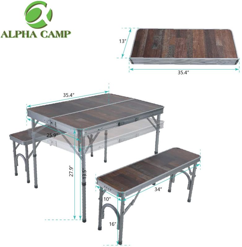 Photo 1 of ALPHA CAMP 3-Piece Folding Camping Table with Bench Set,4FT Adjustable Aluminum Table,Portable Picnic Table with Double Handle,Outdoor Table for Camp Beach Party, Camping Table with 2 Chairs, 20.1lbs
