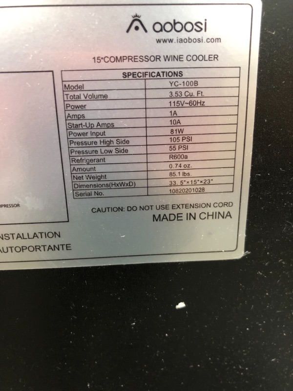 Photo 6 of *SEE last picture for damage*
*MISSING handle* 
AAOBOSI Wine Cooler Refrigerator 15 Inch Dual Zone Wine Fridge for 30 Bottles Built in or Freestanding Compressor Wine Chiller with Temperature Memory | Fog Free, Front Vent, Quick and Quiet Operation, 22.83