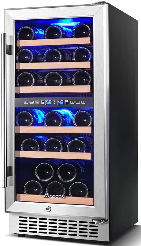 Photo 1 of *SEE last picture for damage*
*MISSING handle* 
AAOBOSI Wine Cooler Refrigerator 15 Inch Dual Zone Wine Fridge for 30 Bottles Built in or Freestanding Compressor Wine Chiller with Temperature Memory | Fog Free, Front Vent, Quick and Quiet Operation, 22.83