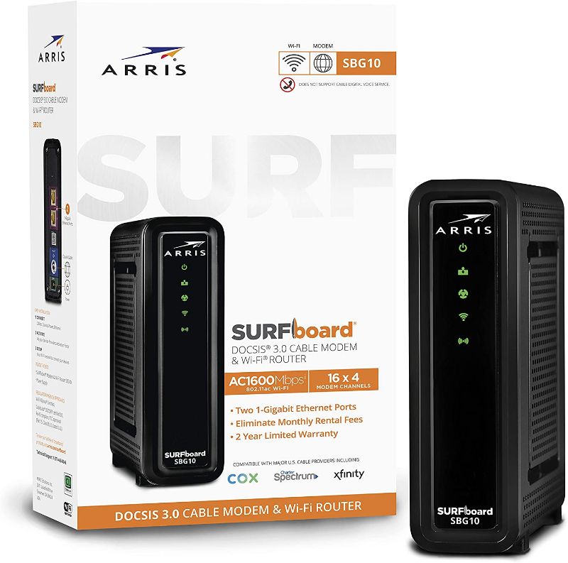 Photo 1 of ARRIS SURFboard SBG10 DOCSIS 3.0 Cable Modem & AC1600 Dual Band Wi-Fi Router, Approved for Cox, Spectrum, Xfinity & others (black)
