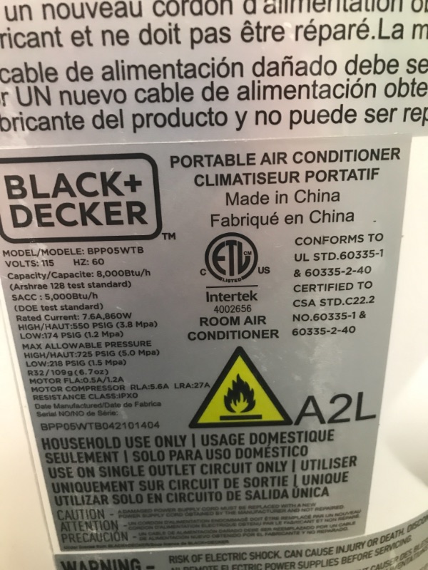 Photo 3 of BLACK+DECKER BPP05WTB Portable Air Conditioner with Remote Control, 5,000 BTU SACC/CEC (8,000 BTU ASHRAE), White
