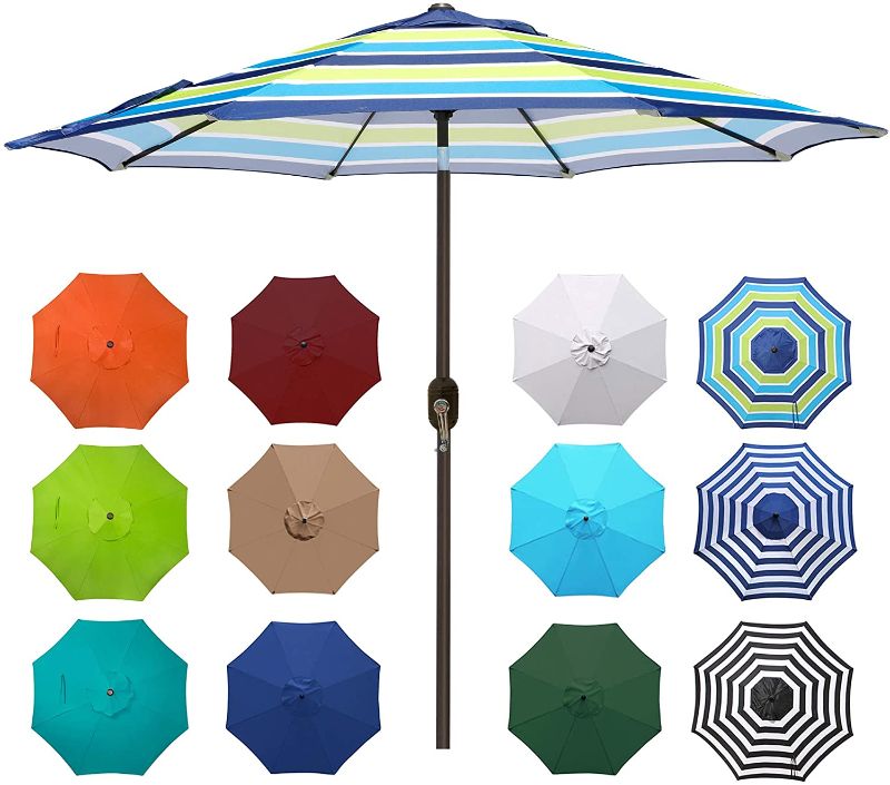 Photo 1 of Blissun 9' Outdoor Aluminum Patio Umbrella, Market Striped Umbrella with Push Button Tilt and Crank
