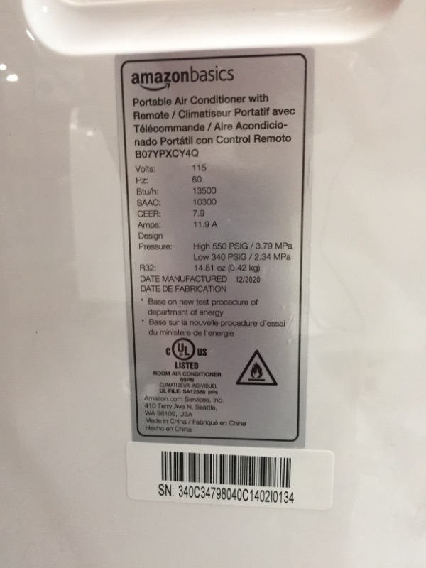 Photo 3 of Amazon Basics Portable Air Conditioner with Remote - Cools 450 Square Feet, 10,000 BTU ASHARE / 6000 BTU SACC
BUY AS IS NO RETURN
