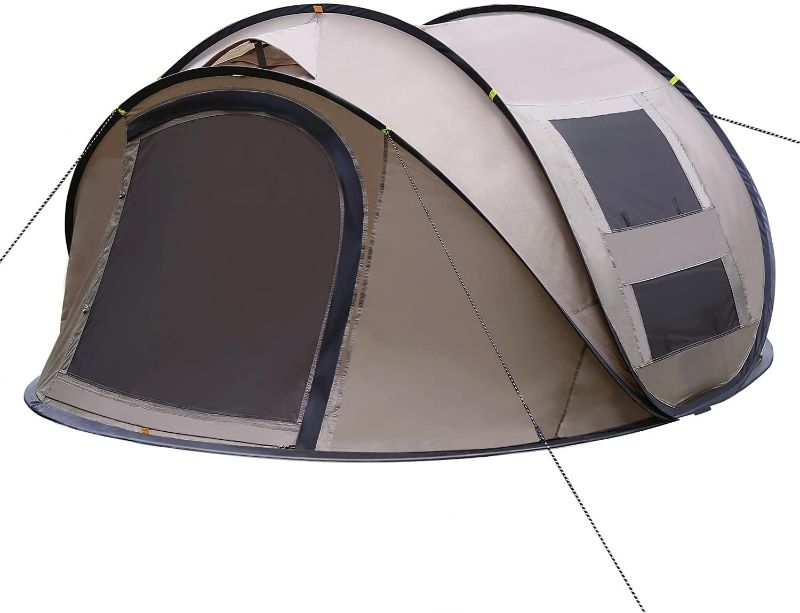 Photo 1 of 4 Person Pop up Camping Tent, 9.5’X7’X50'', 10 Second Setup Tent, Waterproof Tent, 2 Big Doors and 2 Roof Vents, 4 Ventilated Mesh Windows, Instant Tent for Family, Brown
