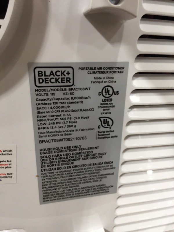 Photo 3 of BLACK+DECKER BPACT08WT Portable Air Conditioner with Remote Control, 5,000 BTU DOE (8,000 BTU ASHRAE), Cools Up to 150 Square Feet, White
