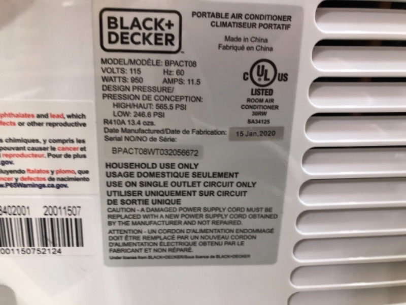 Photo 3 of BLACK+DECKER™ 8,000 BTU Portable Air Conditioner
unable to test