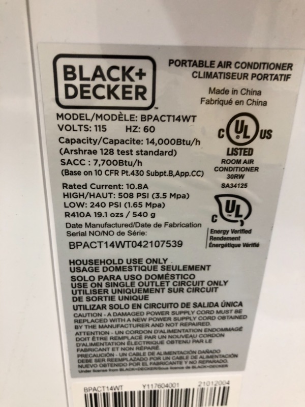 Photo 1 of BLACK+DECKER 8,000 BTU DOE (14,000 BTU ASHRAE) Portable Air Conditioner with Remote Control, White
unable to test