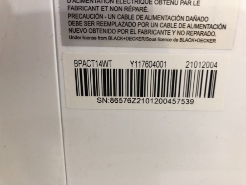 Photo 1 of BLACK+DECKER 8,000 BTU DOE (14,000 BTU ASHRAE) Portable Air Conditioner with Remote Control, White
unable to test