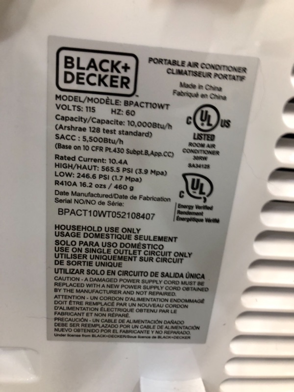 Photo 4 of Black+decker BPACT10WT 10,000 BTU Portable Air Conditioner with Remote
unable to test