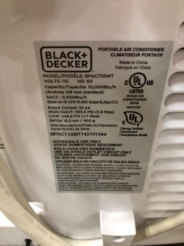 Photo 3 of Black+decker BPACT10WT 10,000 BTU Portable Air Conditioner with Remote