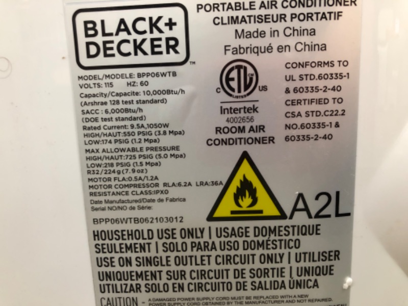 Photo 2 of BLACK+DECKER BPP06WTB Portable Air Conditioner with Remote Control, 10,000 BTU, Cools up to 250 Square Feet, White
unable to test