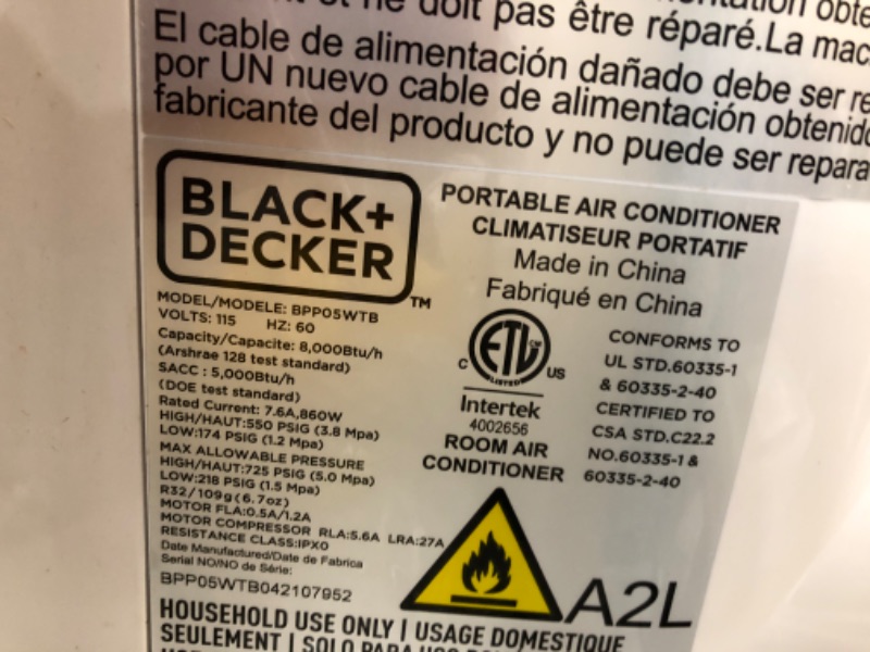 Photo 2 of BLACK+DECKER BPP05WTB Portable Air Conditioner with Remote Control, 5,000 BTU SACC/CEC (8,000 BTU ASHRAE), White
unable to test