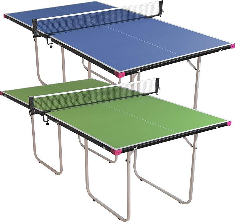 Photo 1 of Butterfly Junior Ping Pong Table - 3/4 Size Table Tennis Table - Space Saver Game Table for Game Room - Regulation Height Ping Pong Table - Sturdy Frame - Ships Assembled with Net
