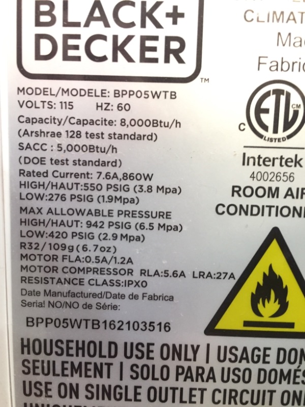 Photo 3 of BLACK+DECKER BPP05WTB Portable Air Conditioner with Remote Control, 5,000 BTU SACC/CEC (8,000 BTU ASHRAE), White TESTED AND FUNCTIONS