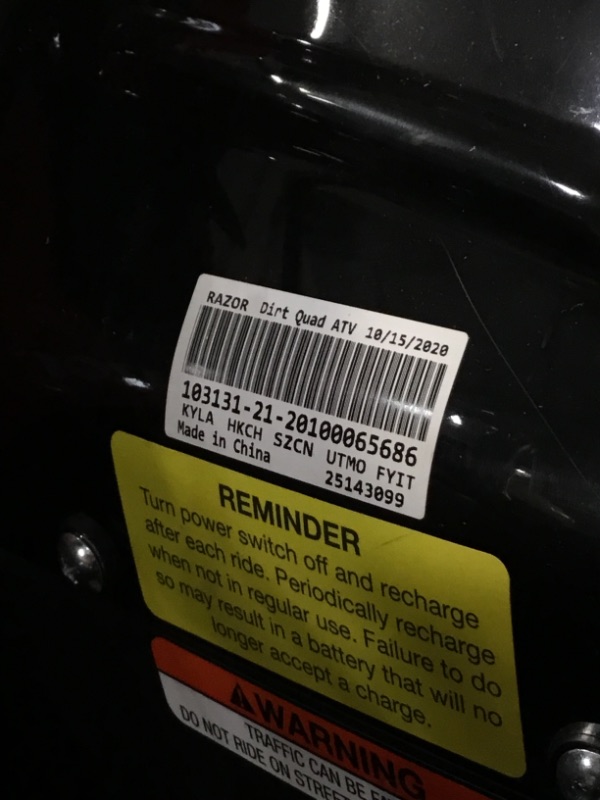 Photo 4 of PARTS ONLY does not hold a charge, only lasts about 5 minutes from full charge
Razor Dirt Quad - 24V Electric 4-Wheeler ATV - Twist-Grip Variable-Speed Acceleration Control, Hand-Operated Disc Brake, 12" Knobby Air-Filled Tires 