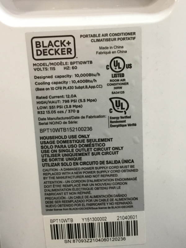 Photo 1 of BLACK+DECKER BPACT10WT Portable Air Conditioner with Remote Control, 10,000 BTU, Cools Up to 250 Square Feet, White TESTED AND FUNCTIONS