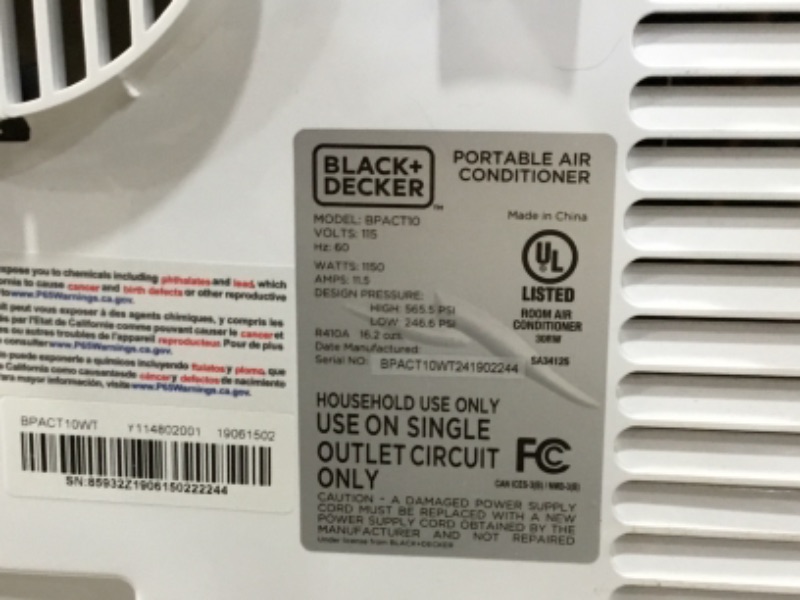 Photo 4 of Black+decker BPACT10WT 10,000 BTU Portable Air Conditioner with Remote TESTED AND FUNCTIONS