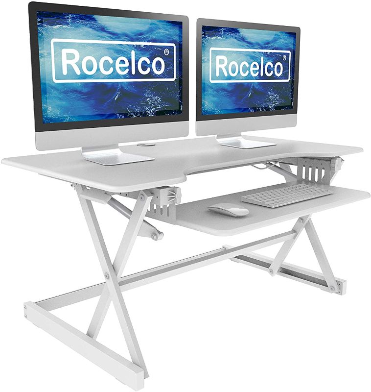 Photo 1 of Rocelco 40" Large Height Adjustable Standing Desk Converter - Quick Sit Stand Up Dual Monitor Riser - Gas Spring Assist Computer Workstation - Retractable Keyboard Tray - White (R DADRW-40)
*PREVIOUSLY OPENED*
