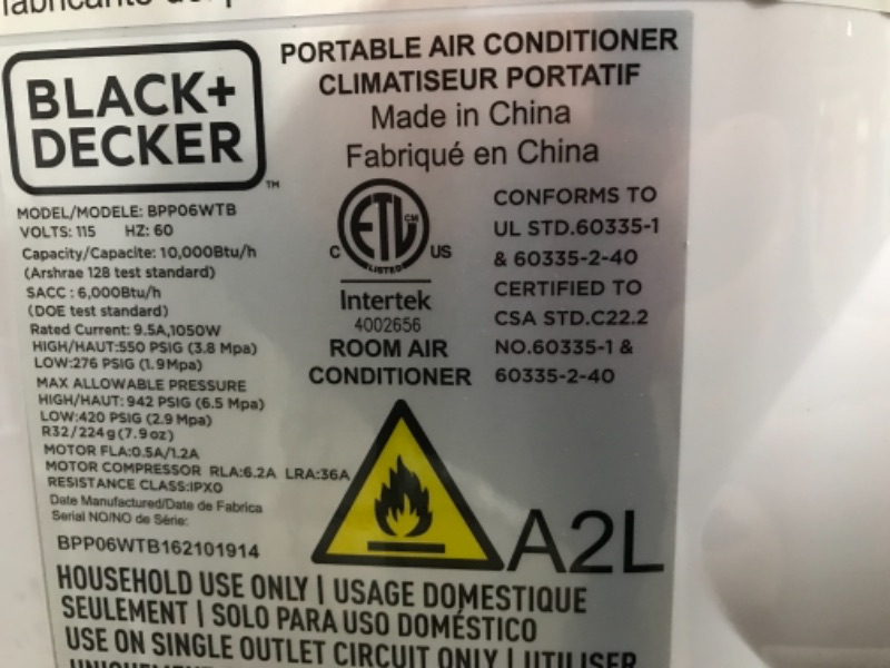 Photo 4 of ***PARTS ONLY***BLACK+DECKER BPP06WTB Portable Air Conditioner with Remote Control