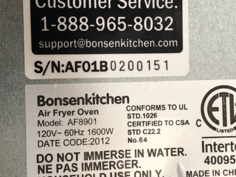 Photo 2 of Bonsenkitchen Air Fryer AF8901
PARTS ONLY
