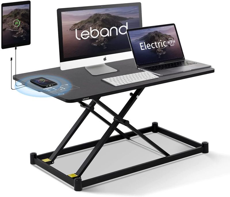 Photo 1 of Leband Electric Standing Desk Converter with Wireless Charging, 34'' Standing Desk Adjustable Height, One Touch Stand Up Desk, Ergonomic Tabletop Motorized Sit Stand Desk Riser
