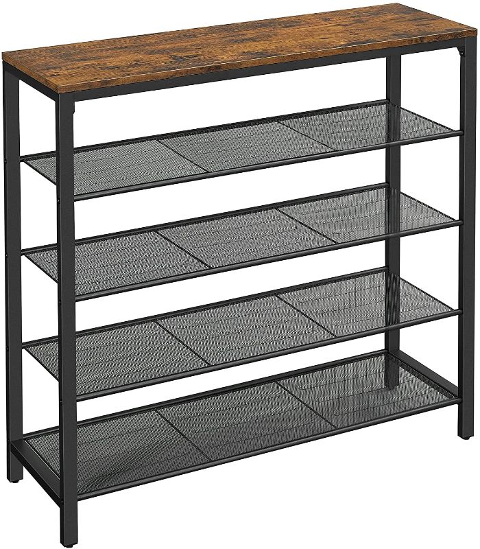 Photo 1 of VASAGLE Shoe Rack, 5-Tier Shoe Storage Organizer with 4 Metal Mesh Shelves for 16-20 Pairs and Large Surface for Bags, for Entryway, Hallway, Closet, Industrial, Rustic Brown and Black ULBS15BX
PREVIOUSLY USED , MISSING HARDWARE