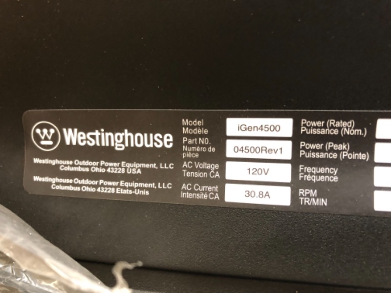 Photo 7 of Westinghouse iGen4500 Electric Start Portable Inverter Generator 3700 Rated & 4500 Peak Watts