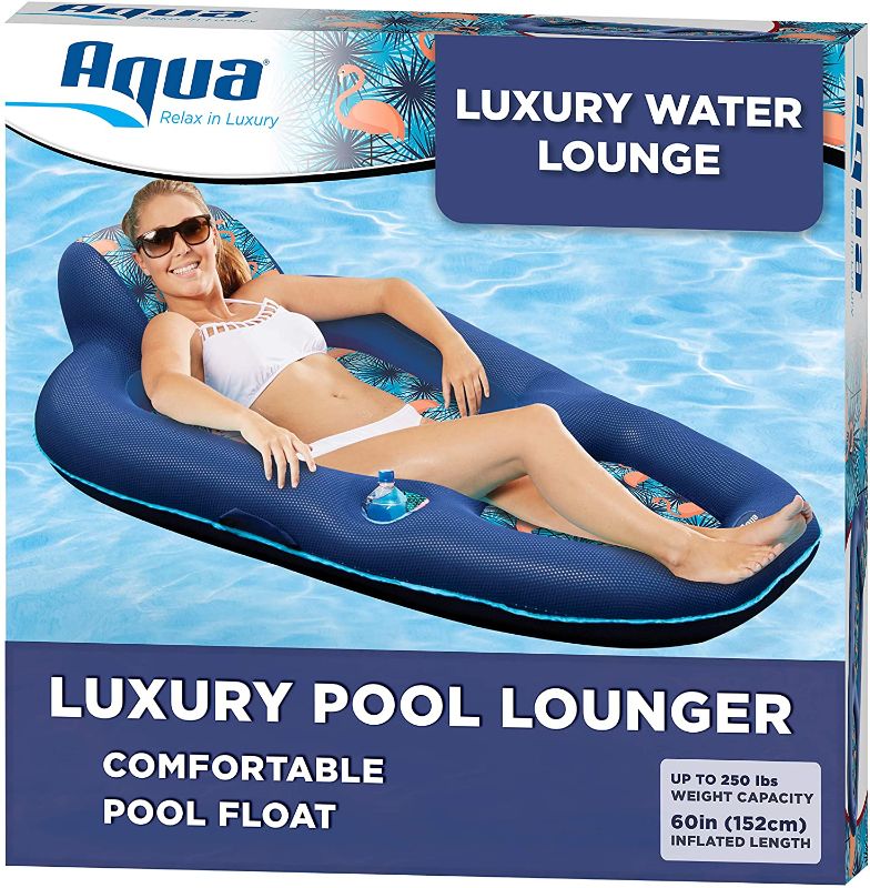 Photo 1 of Aqua Luxury Water Lounge, X-Large, Inflatable Pool Float with Headrest, Backrest & Footrest, Palm Beach Flamingo
