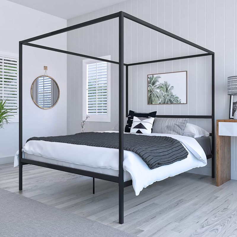 Photo 1 of **PREVIOUSLY OPENED, MISSING HARDWARE AND MISSING COMPONENTS**QUEEN SIZE DG Casa Charles 4 Corner Post Canopy Platform Bed Frame and Full Wooden Slats, Box Spring Not Required-Queen Size in Black Metal
