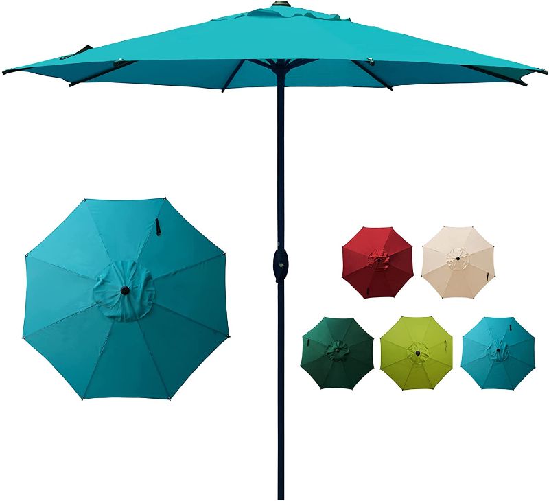 Photo 1 of  Patio 9ft Patio Umbrella Outdoor Market Table Umbrella with Push Button Tilt and Crank for Garden, Lawn, Deck, Backyard & Pool, 8 Sturdy Ribs, Teal Blue
PREVIOUSLY OPENED
