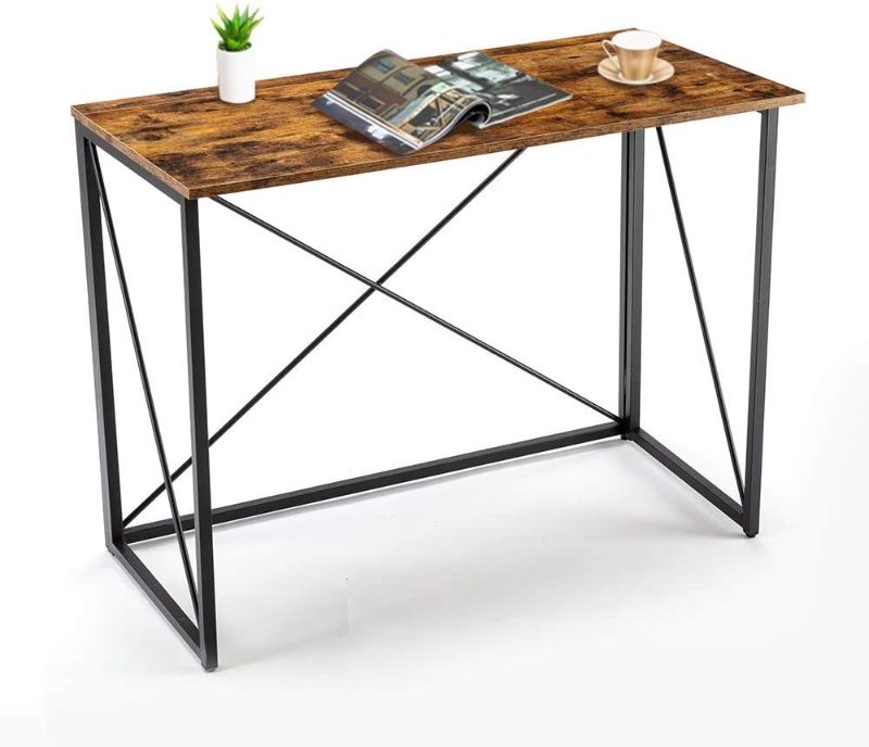 Photo 1 of  Foldable Study Computer Desk Home Office Student Writing Small Desk, Modern Simple Style PC Table Coffee Table for Small Spaces Black Metal Frame(Rustic Brown)
