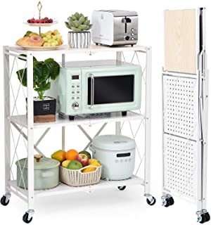 Photo 1 of 3-Shelf Foldable Storage Shelves with Wheels, Large Capacity Shelving Unit, Freestanding Metal Wire Shelf Rack, No Assembly Organizer Rack for Garage Kitchen, Basement, Pantry, Heavy Duty Loading
