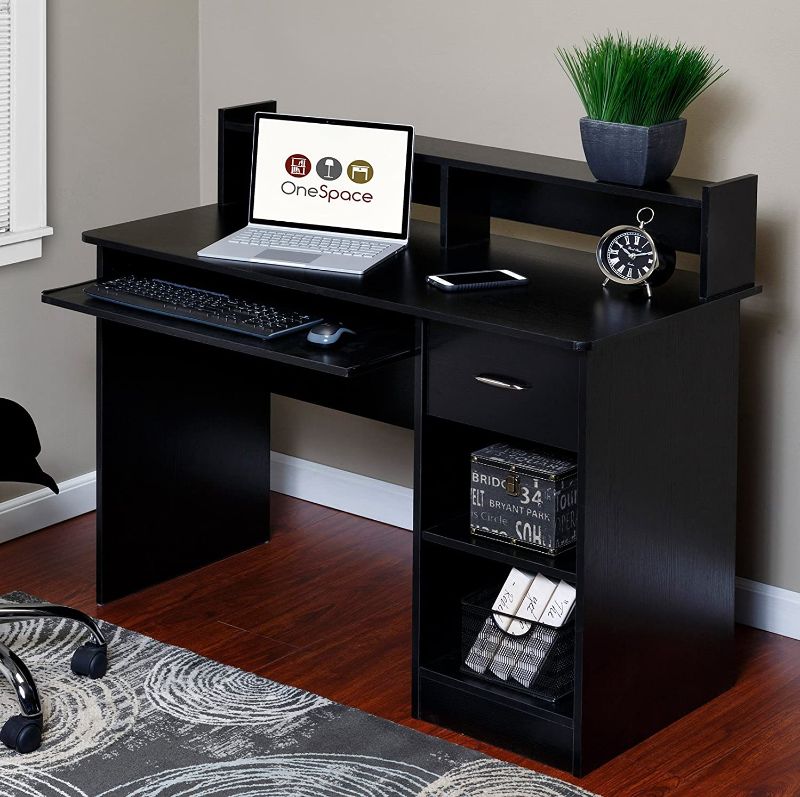 Photo 1 of OneSpace Essential Computer Desk, Hutch with Pull-Out Keyboard, Black
