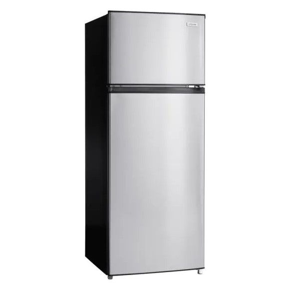 Photo 1 of 7.1 cu. ft. Top Freezer Refrigerator in Stainless Steel Look POWERED ON