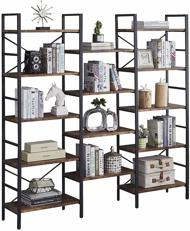 Photo 1 of SUPERJARE Triple Wide 5-Tier Bookshelf, Rustic Industrial Style Book Shelf, Wood and Metal Bookcase Furniture for Home & Office - Rustic Brown PREVIOUSLY OPENED, DAMAGED
