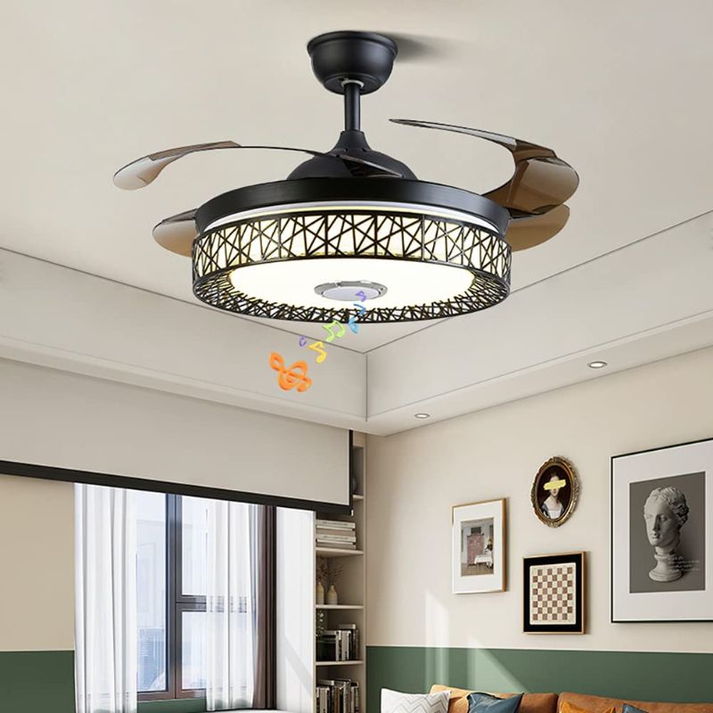 Photo 1 of Fandian 42in Modern Smart Ceiling Fan with Lights Bluetooth Speaker Chandelier Lighting Fixtures, Remote Control, Retractable Blades, 3 Light Colors, for Living room, Bedroom (42in-Black nest)
