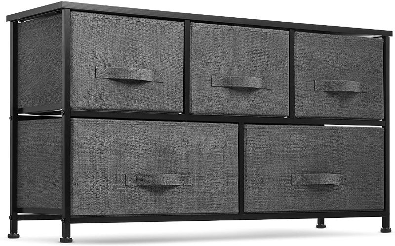 Photo 1 of 5 Drawer Dresser Organizer Fabric Storage Chest for Bedroom, Hallway, Entryway, Closets, Nurseries. Furniture Storage Tower Sturdy Steel Frame, Wood Top, Easy Pull Handle Textured Print Drawers
