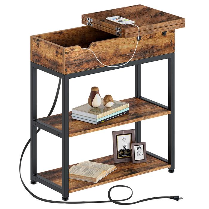 Photo 1 of Rolanstar Flip Top Side Table with Power Outlet, 2-Tier Organizer Shelves
