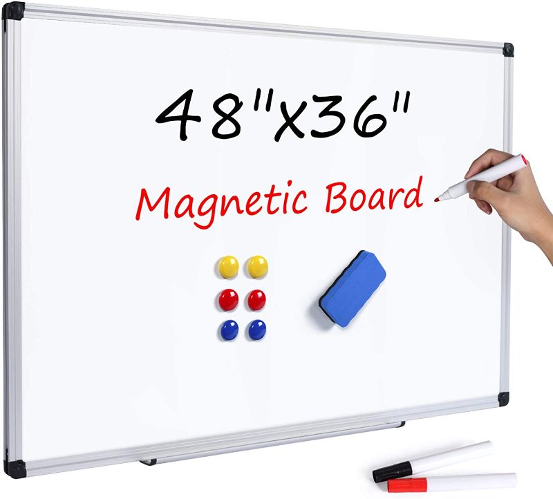 Photo 1 of T-SIGN Magnetic Dry Erase Whiteboard 48 x 36 Inch, 4 x 3 Large White Board, Silver Aluminum Frame Wall-Mounted, Magnetic Eraser, 2 Whiteboard Pen, Detachable Marker Tray, 6 Magnets for Office, School
