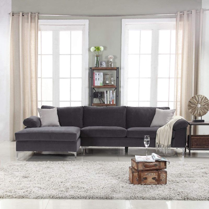 Photo 1 of ***BOX 2/2*** Divano Roma Furniture Modern Large Velvet Fabric Sectional Sofa, L-Shape Couch with Extra Wide Chaise Lounge (Grey)
