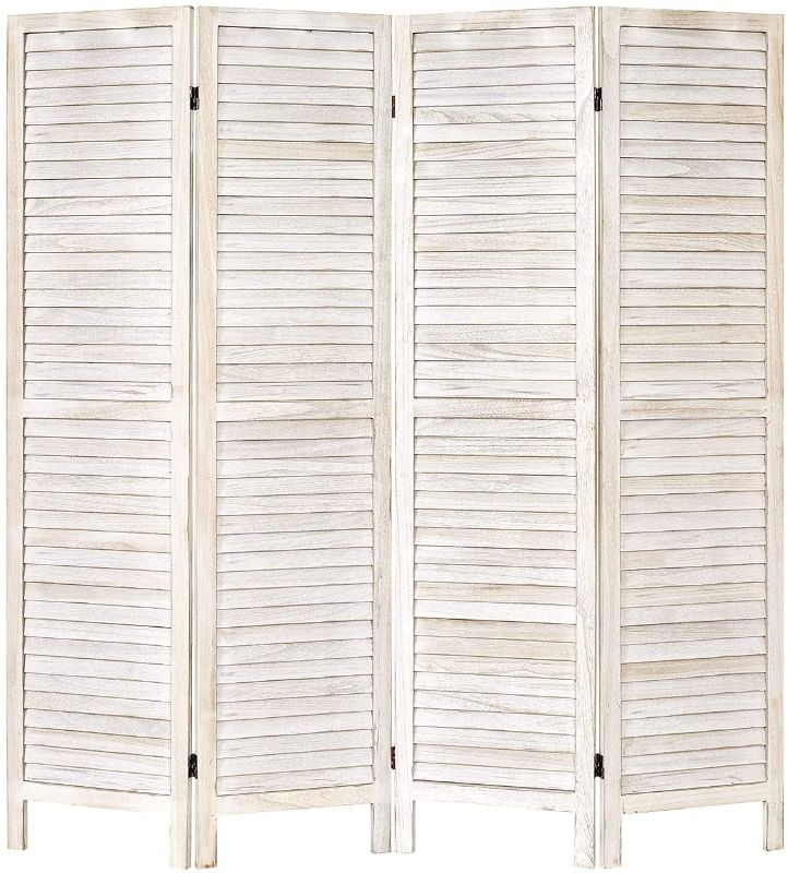 Photo 1 of 5.6 Ft Tall Wood Louvered Room Divider Solid Wood Folding Room Divider Screens Panel Divider & Room Dividers Room Divider and Folding Privacy Screens For Living Room / Office (4 Panel, White-washed)
