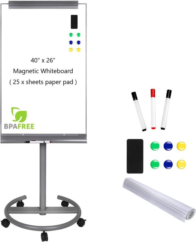 Photo 1 of Magnetic Mobile Standing Whiteboard - 40 x 26 Inches Dry Erase White Board Tripod Whiteboard with Rolling Stand Flipchart Easel Height Adjustable by TSJ Office 
