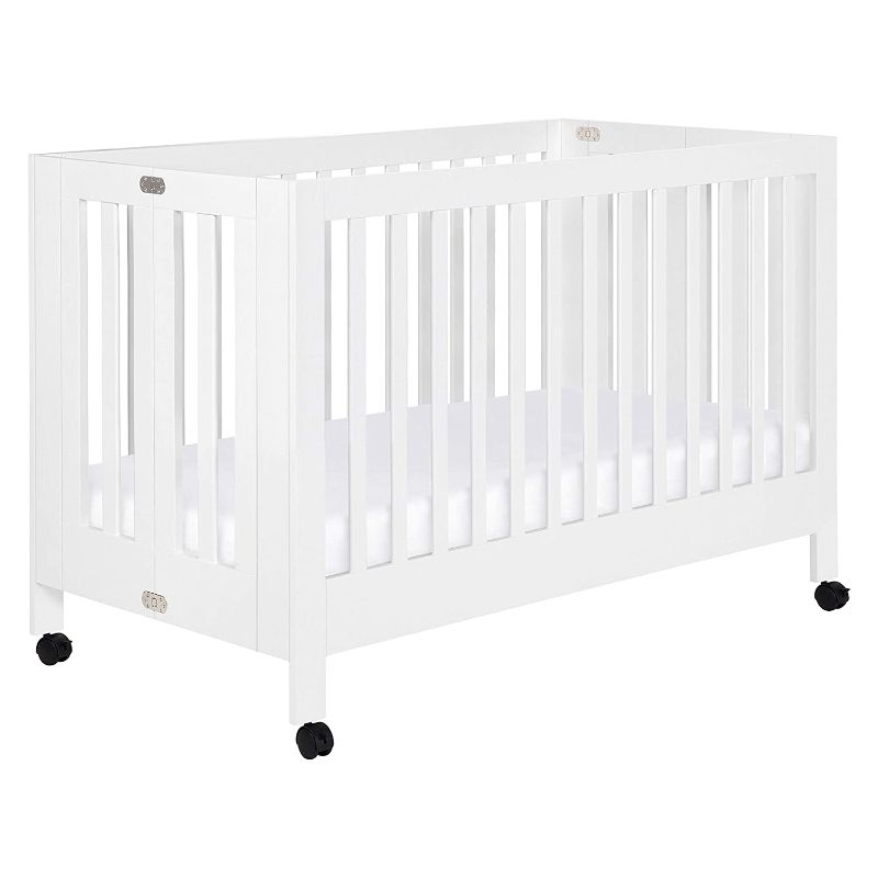 Photo 1 of Babyletto Maki Full-Size Portable Folding Crib with Toddler Bed Conversion Kit in White, Greenguard Gold Certified
