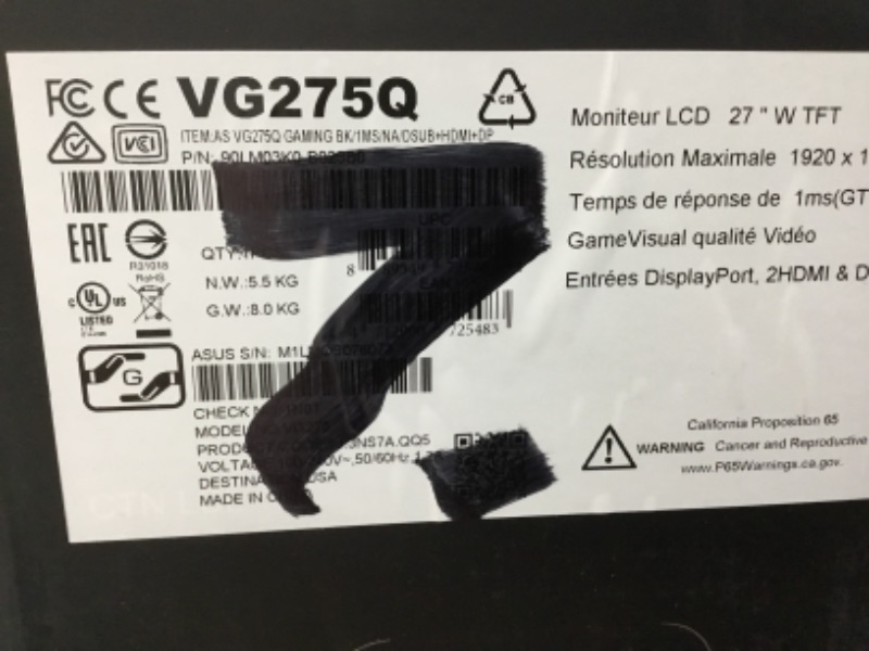 Photo 1 of ASUS VG275Q 27 inch Full HD 1080p 1ms Dual HDMI Eye Care Console Gaming Monitor with FreeSync/Adaptive Sync